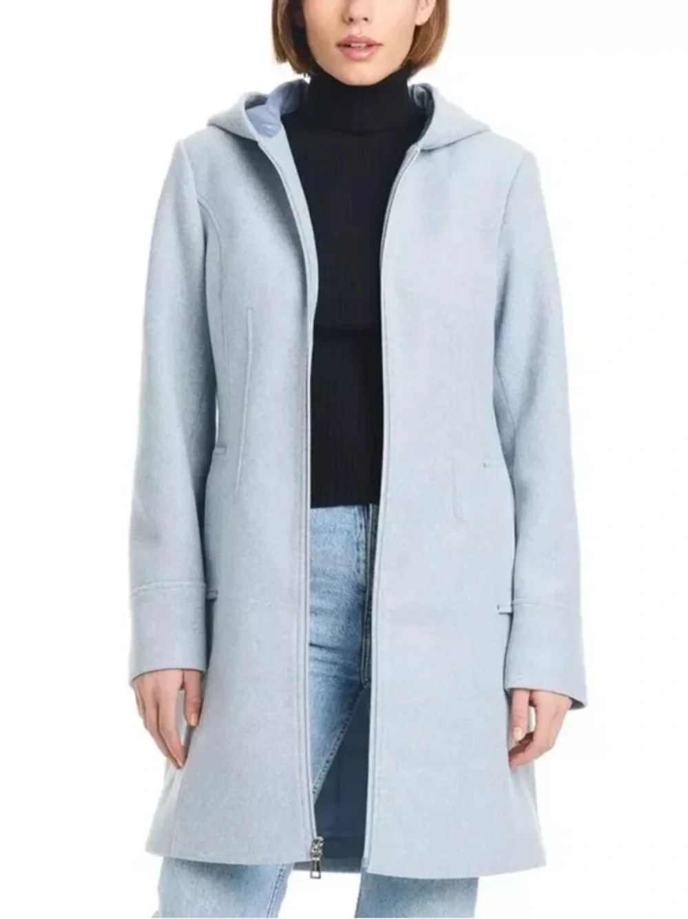 Vince Camuto Light Blue Faux Wool Hooded Zip Jacket Size Small